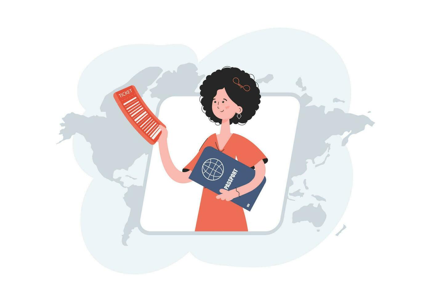 A woman stands waist-deep and holds a boarding pass and passport. Travels. Element for presentations, sites. vector