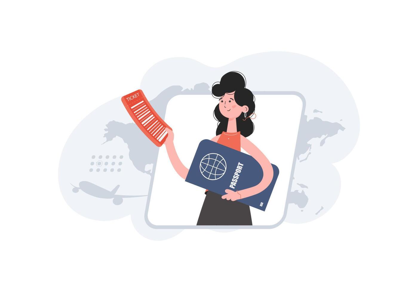 A woman stands waist-deep and holds a passport. Travels. Element for presentations, sites. vector