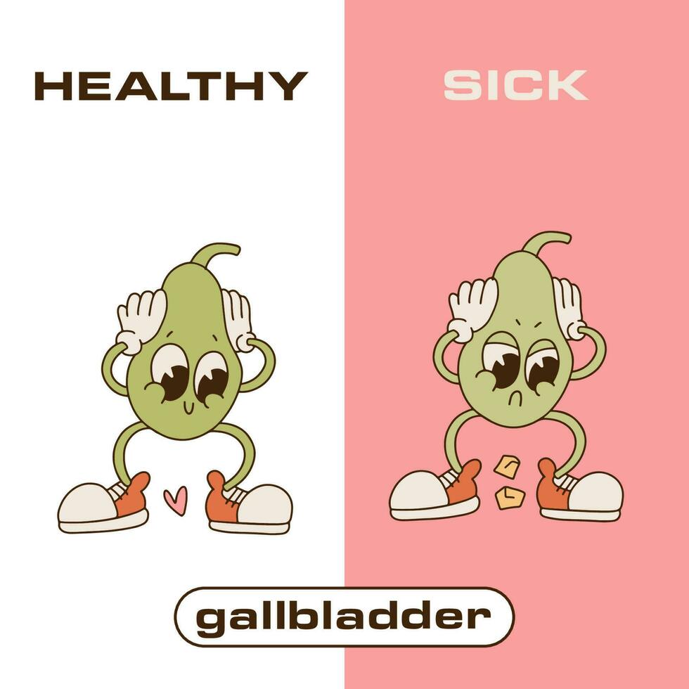 Happy healthy gallbladder vs sick sad gallbladder with stones. Retro cartoon Characters to illustrate the problem of cholecystitis, gallstone disease. Hand drawn 90s-00s vector illustration
