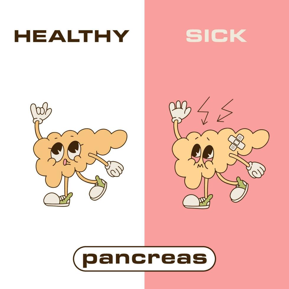 Happy and sad retro cartoon character of pancreas. 90 Drawing style of health and sick pancreas. Isolated contour vector illustration