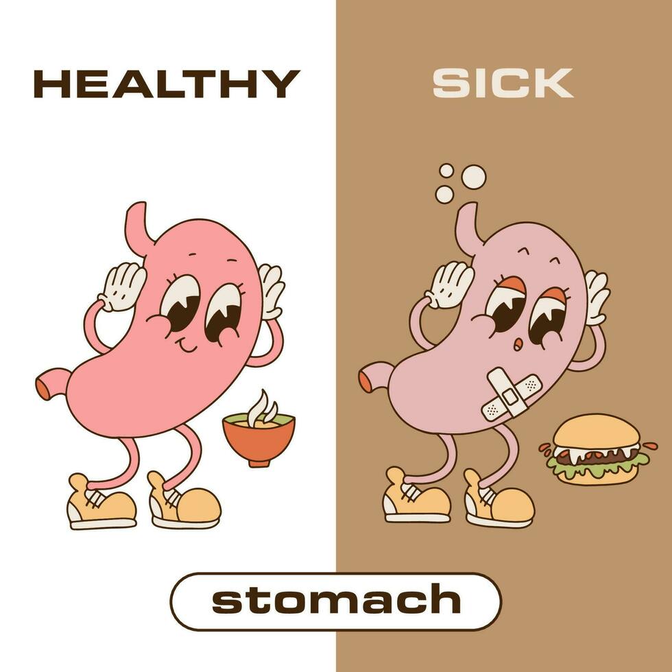 Sad sick and healthy strong happy smiling stomach retro cartoon characters. Vector 90s toon illustration. Stomach, stomachache, pain, sick ,diarrhea ache, constipation concept.