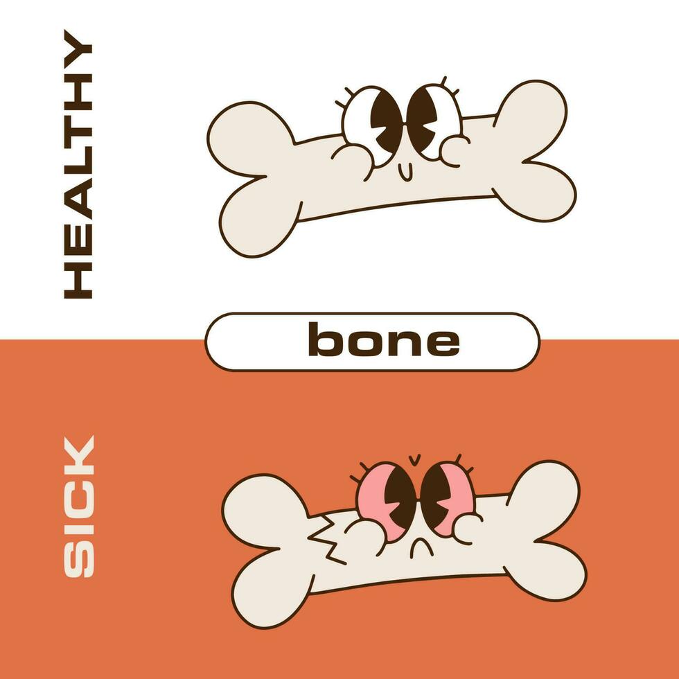 Cute bone retro cartoon character. Healthy happy bone and sick sad unhealthy osteoporotic, fracture. Linear hand drawn Illustration in trendy 90s-00s style. vector