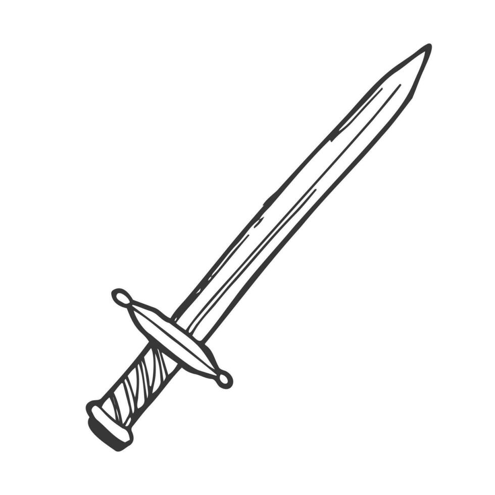 A sword with a handle drawn in the Doodle style.Outline drawing by hand.Cold steel.Dagger.Black and white image.Vector illustration vector