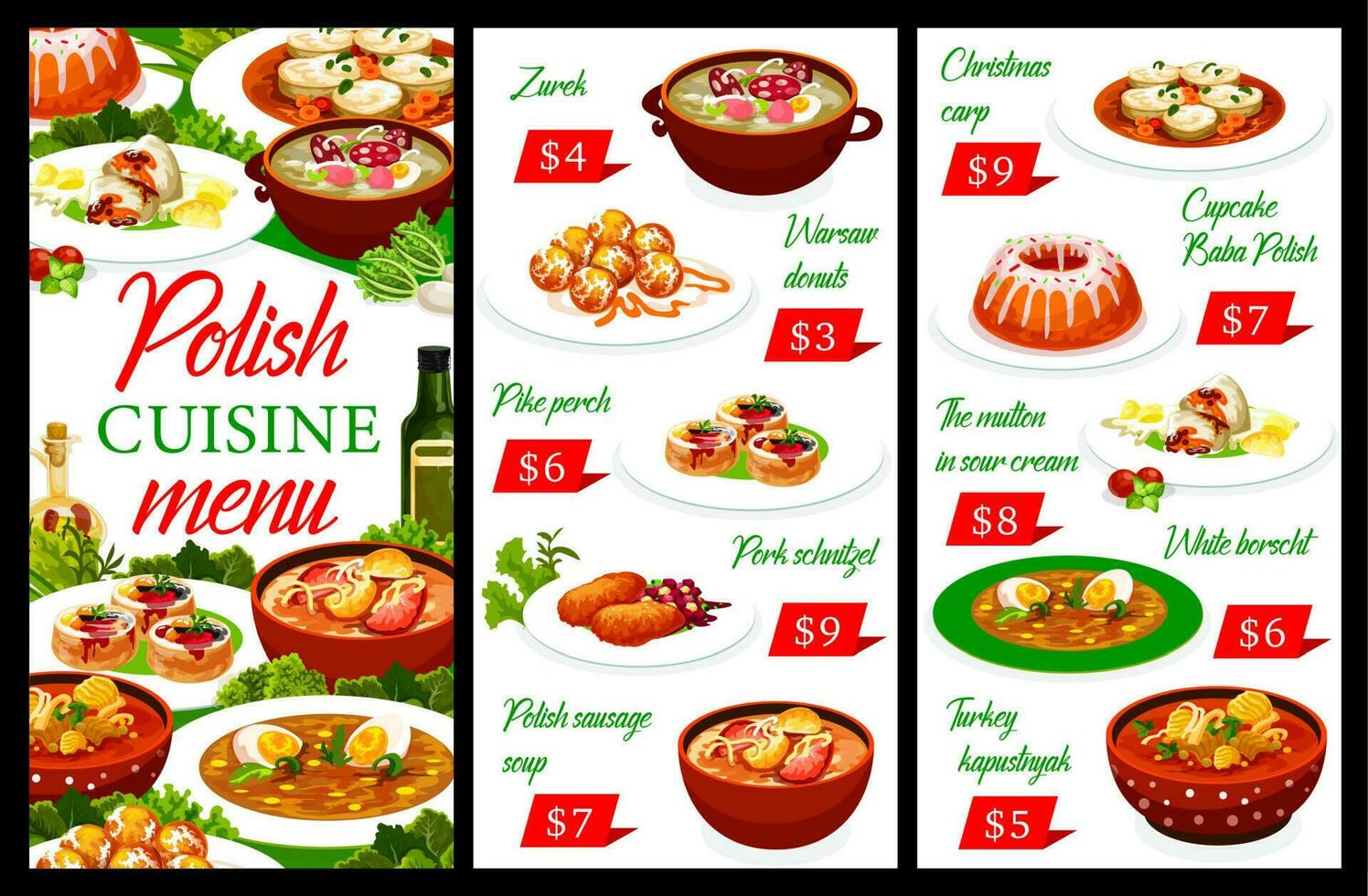 Polish cuisine restaurant menu, Poland food dishes vector