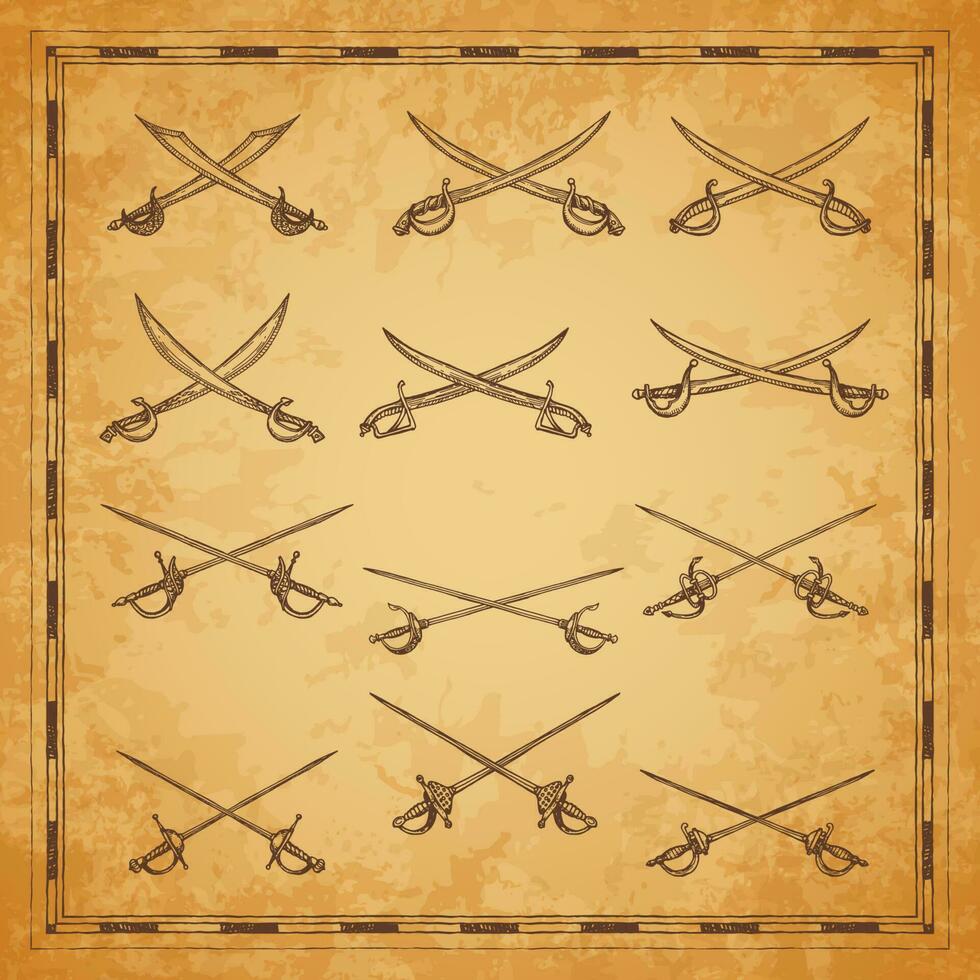 Crossed pirate sabers, swords and epees sketch vector