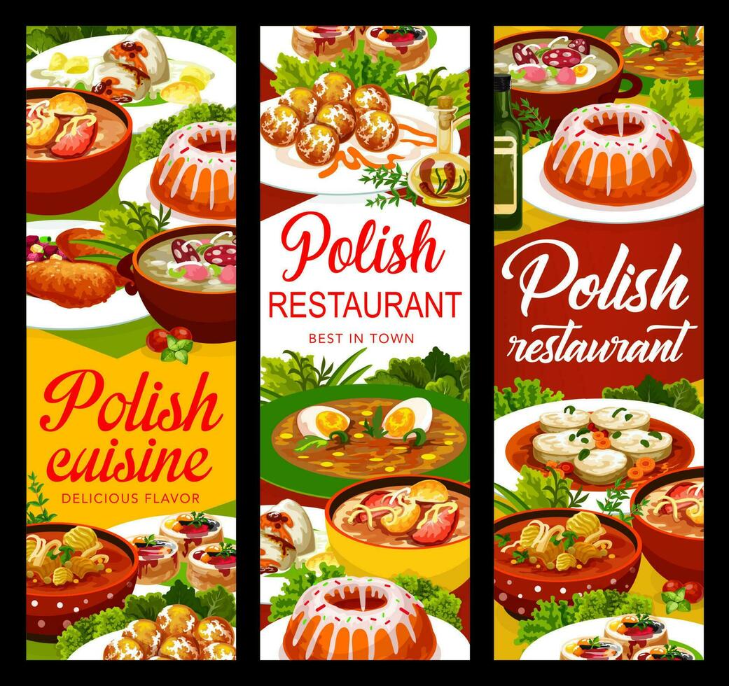 polaco cocina comida pancartas, menú platos y comidas vector