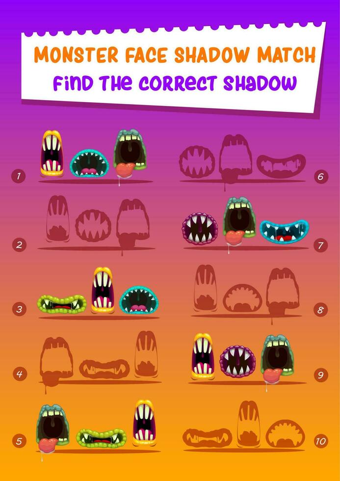 Monster face shadow match kids game education task vector