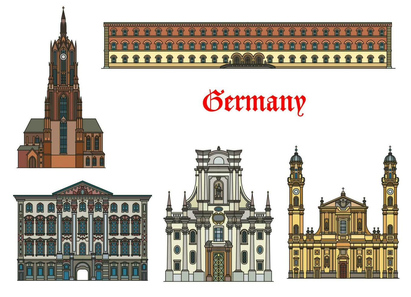 Germany architecture, Munich landmarks, buildings vector