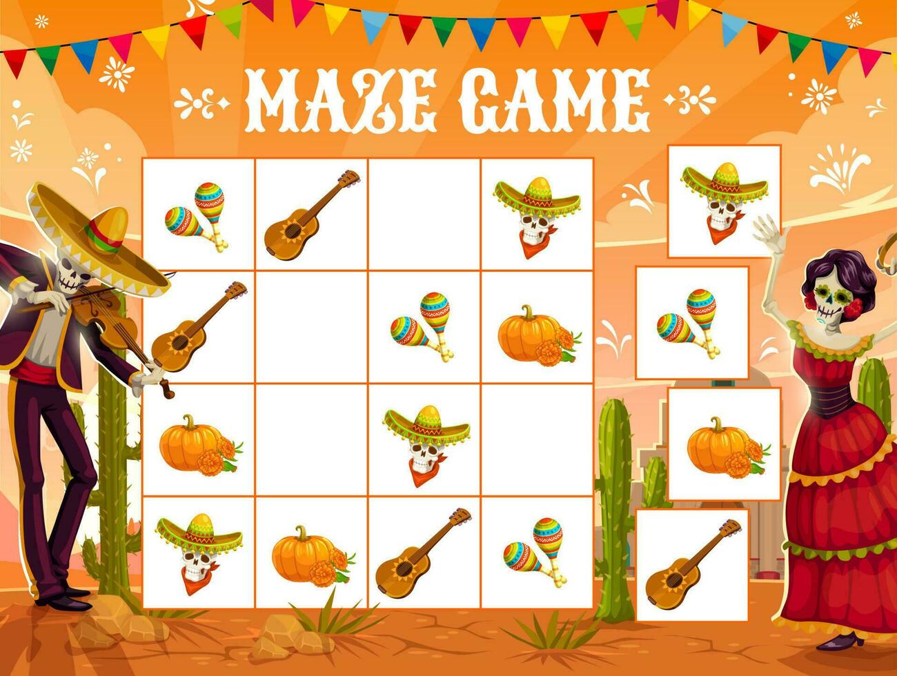 Sudoku game, Mexican Dia de los Muertos holiday vector