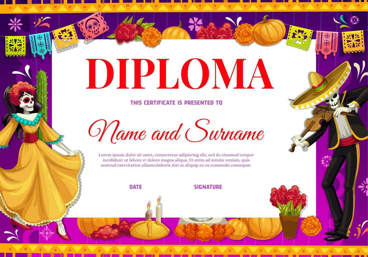 Diploma certificate, Mexican cartoon characters vector