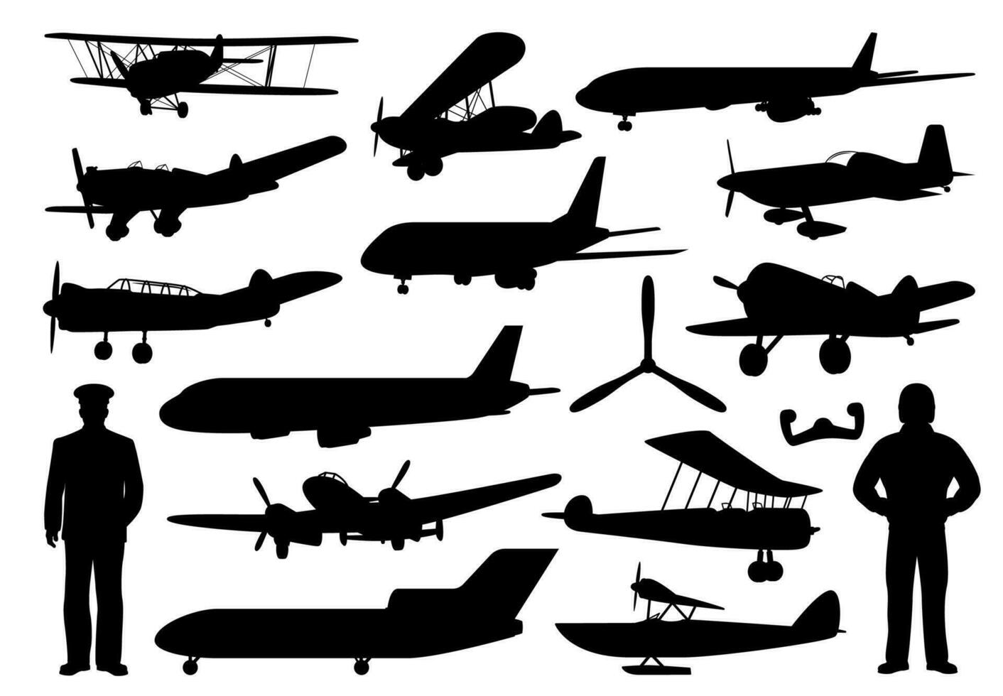 Airplane and pilot silhouettes, aircraft, aviation vector