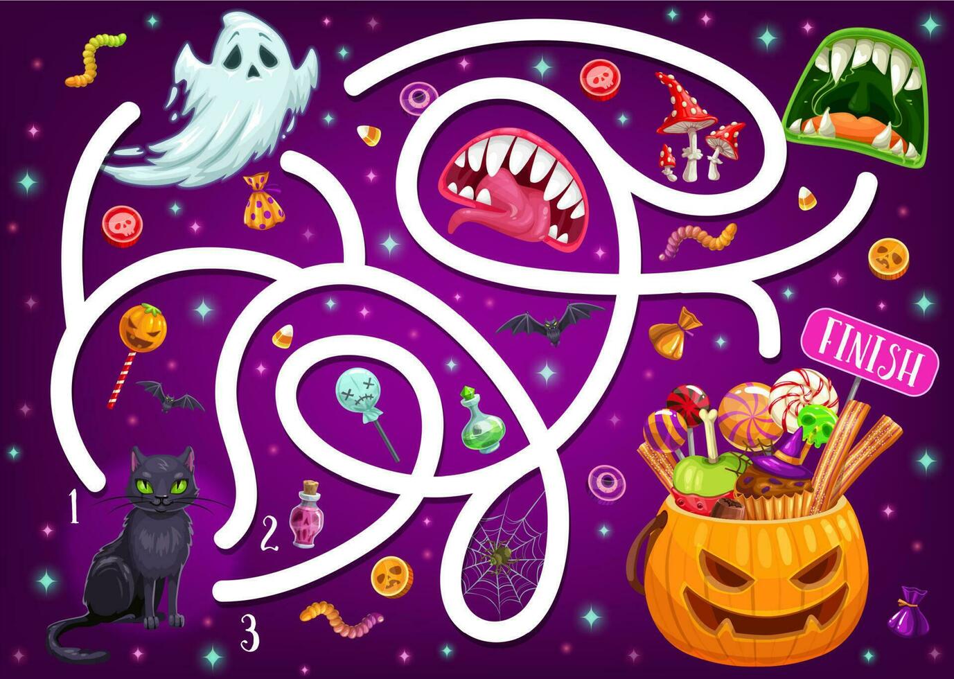 Kids maze game with Halloween characters template vector