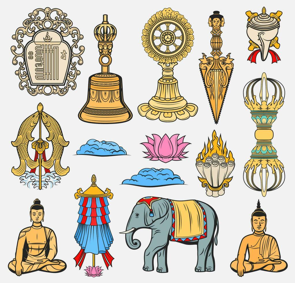 Buddhism religion symbols, sacred signs icons vector