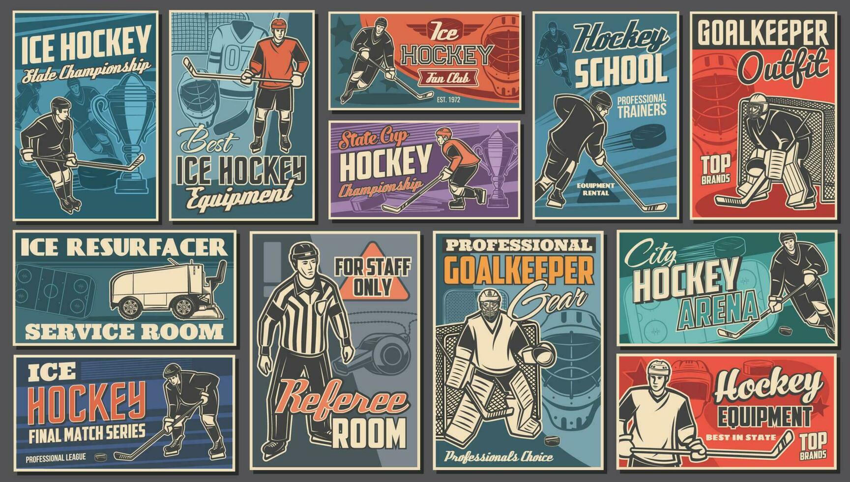 hielo hockey carteles, jugadores y arena equipo vector