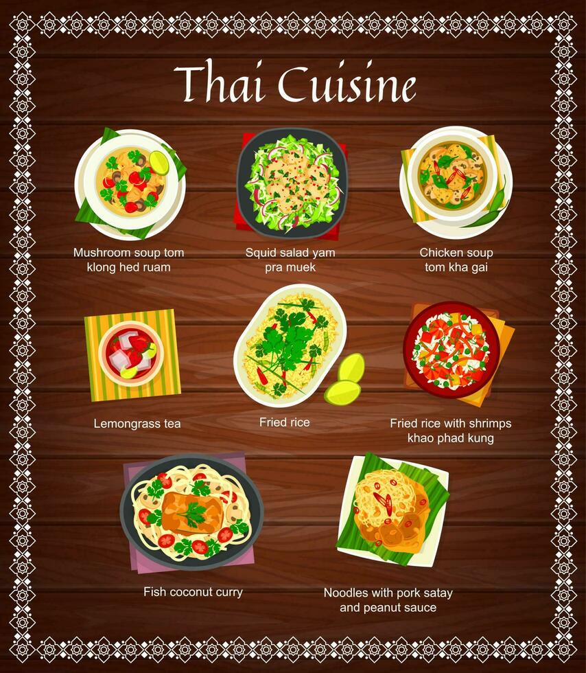 Thai cuisine vector menu card, food of Thailand