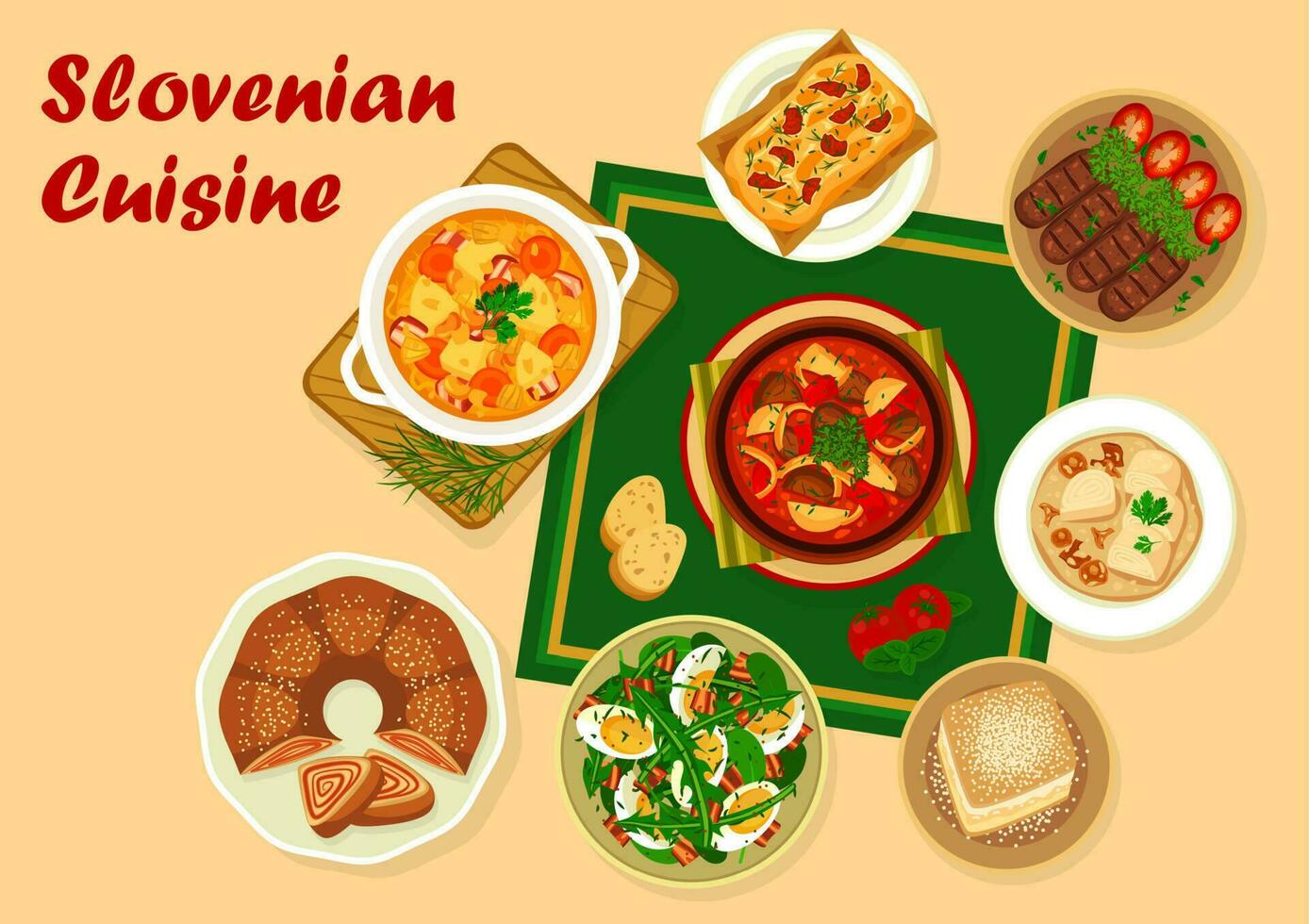 Slovenian cuisine food, meat and vegetable dishes vector