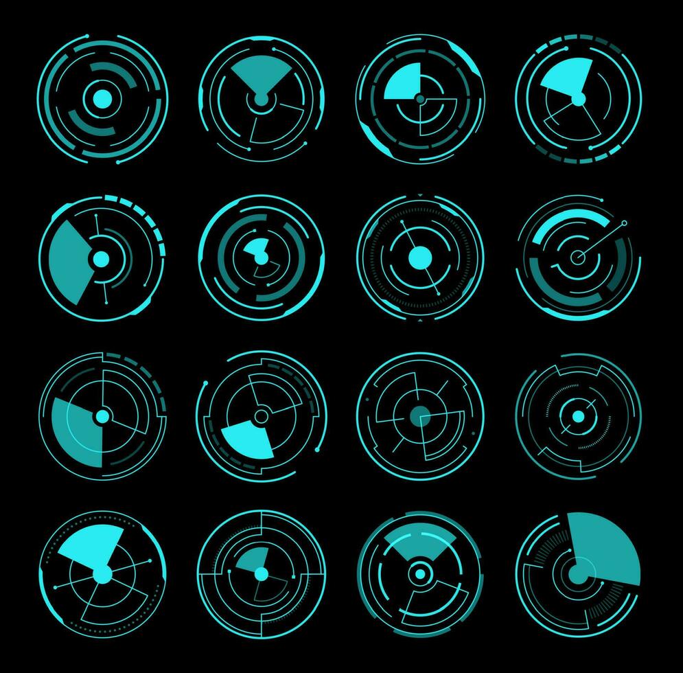 HUD interface round radars, futuristic game UI vector