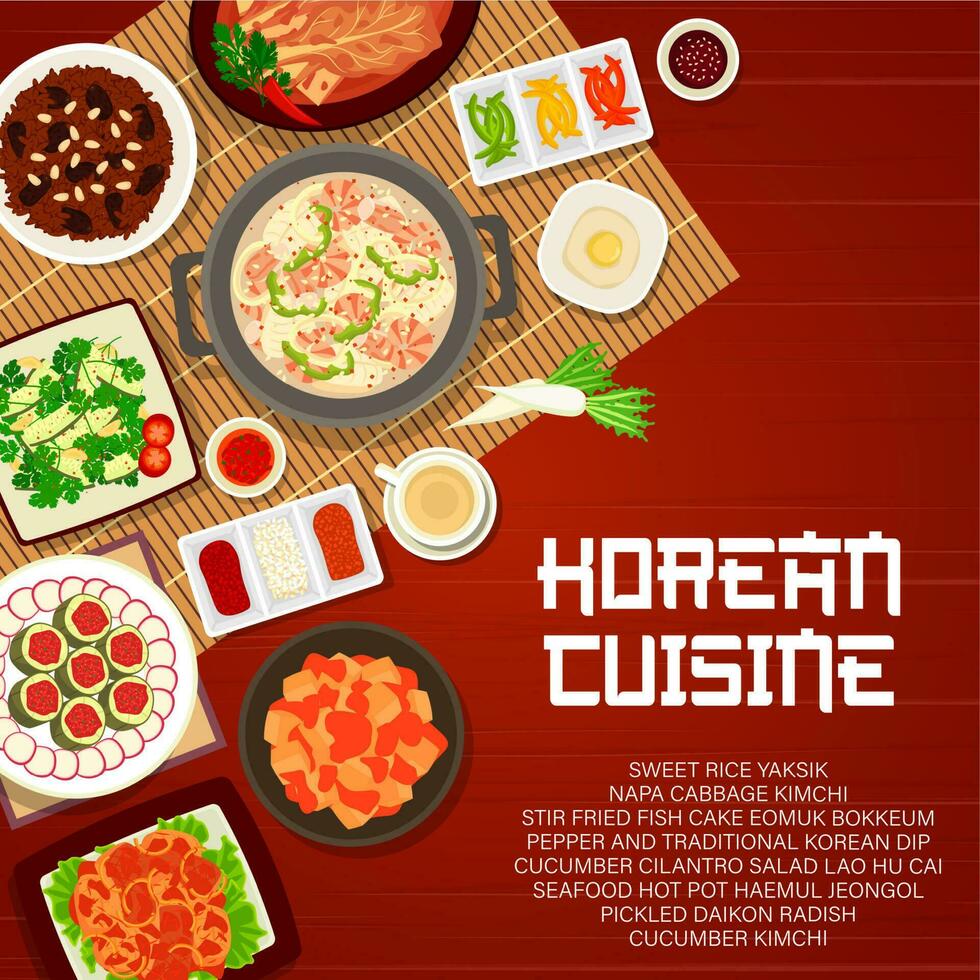 Korean food, Korea cuisine and Asian dishes meals vector