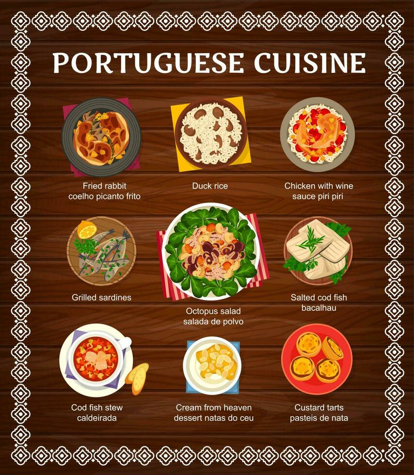 portugués cocina restaurante comidas menú cubrir vector