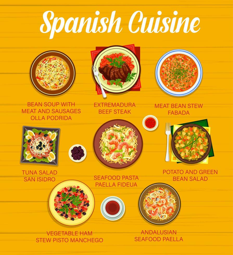 Spanish cuisine menu with restaurant dishes vector