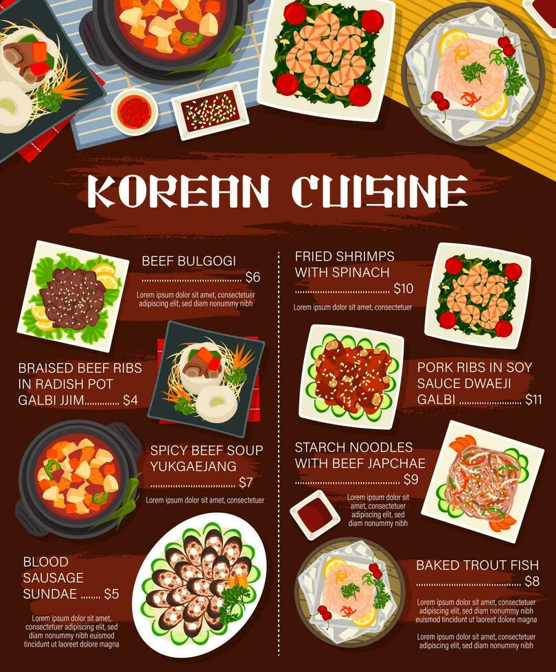 Korean cuisine vector menu template meals of Korea