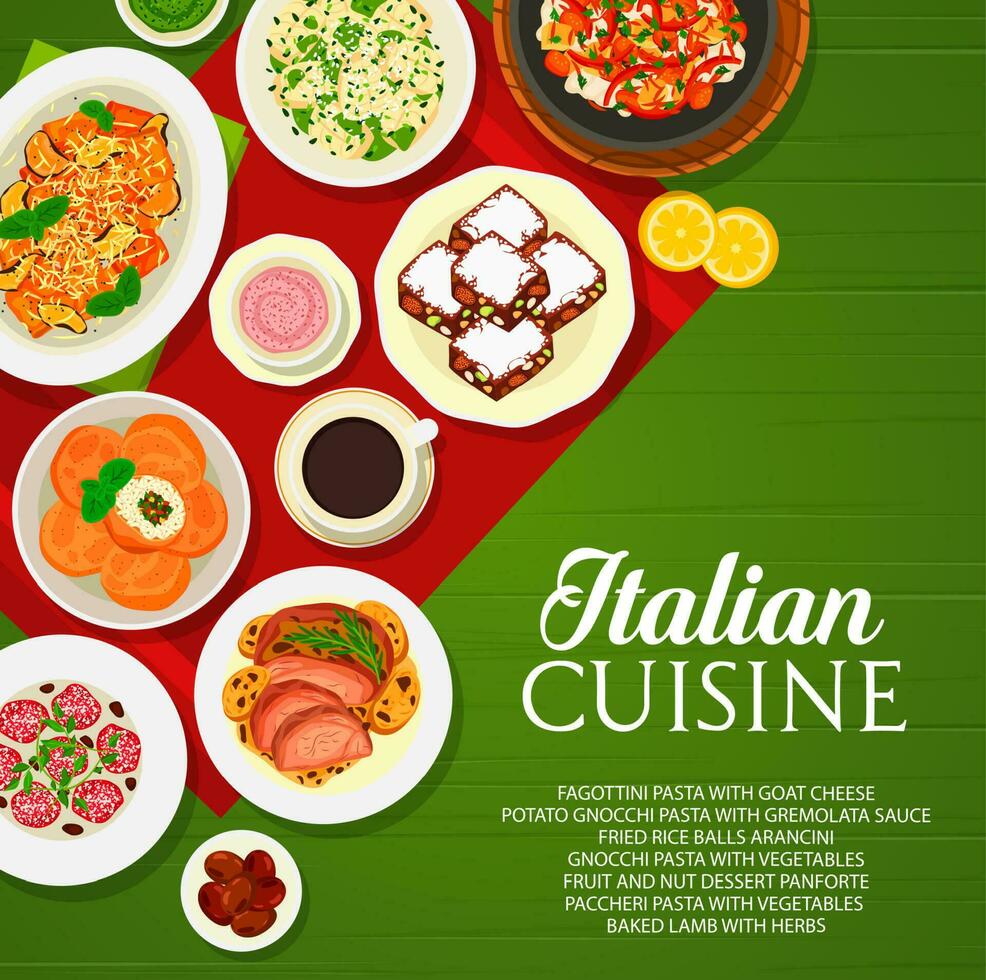 italiano cocina restaurante menú cubrir, alimento, bebida vector