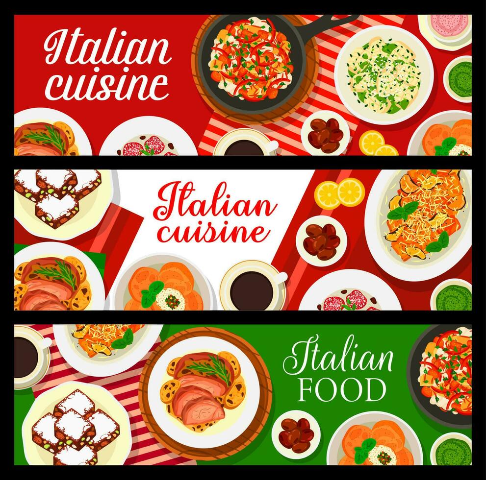 Italian cuisine banners, pasta, veggie, baked meat vector
