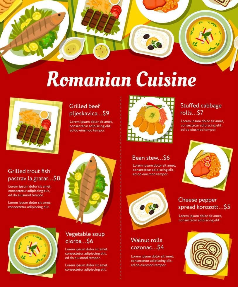 Romanian cuisine restaurant menu page template vector