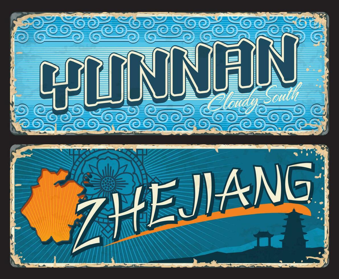 yunnan, Zheijang chino provincias grunge platos vector