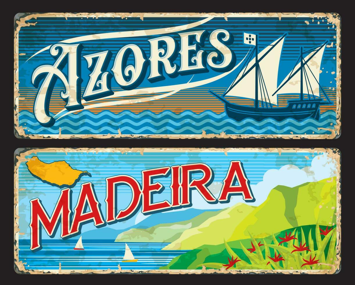 Azores, Madeira island portuguese province plates vector