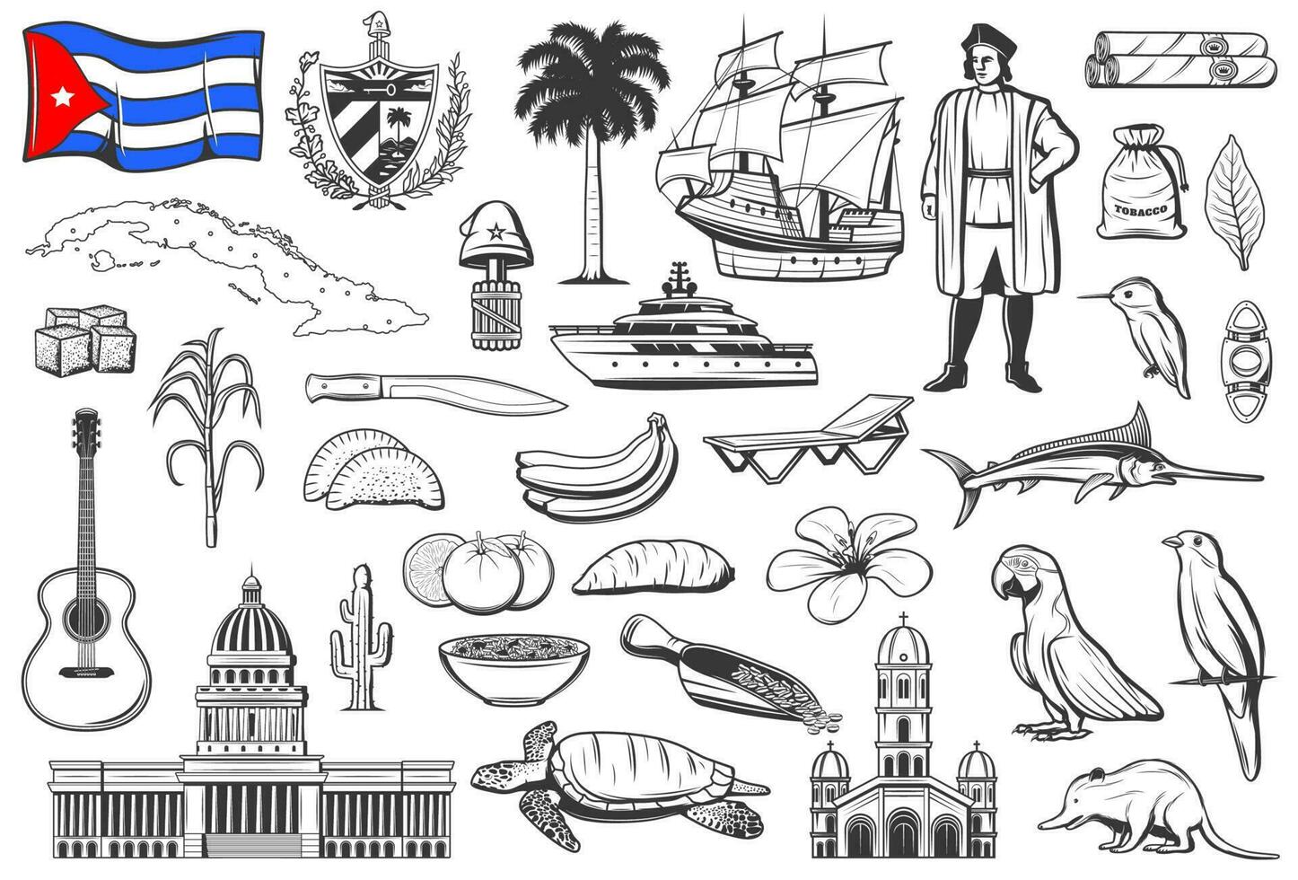 Cuba national symbols, cuisine and nature icons vector