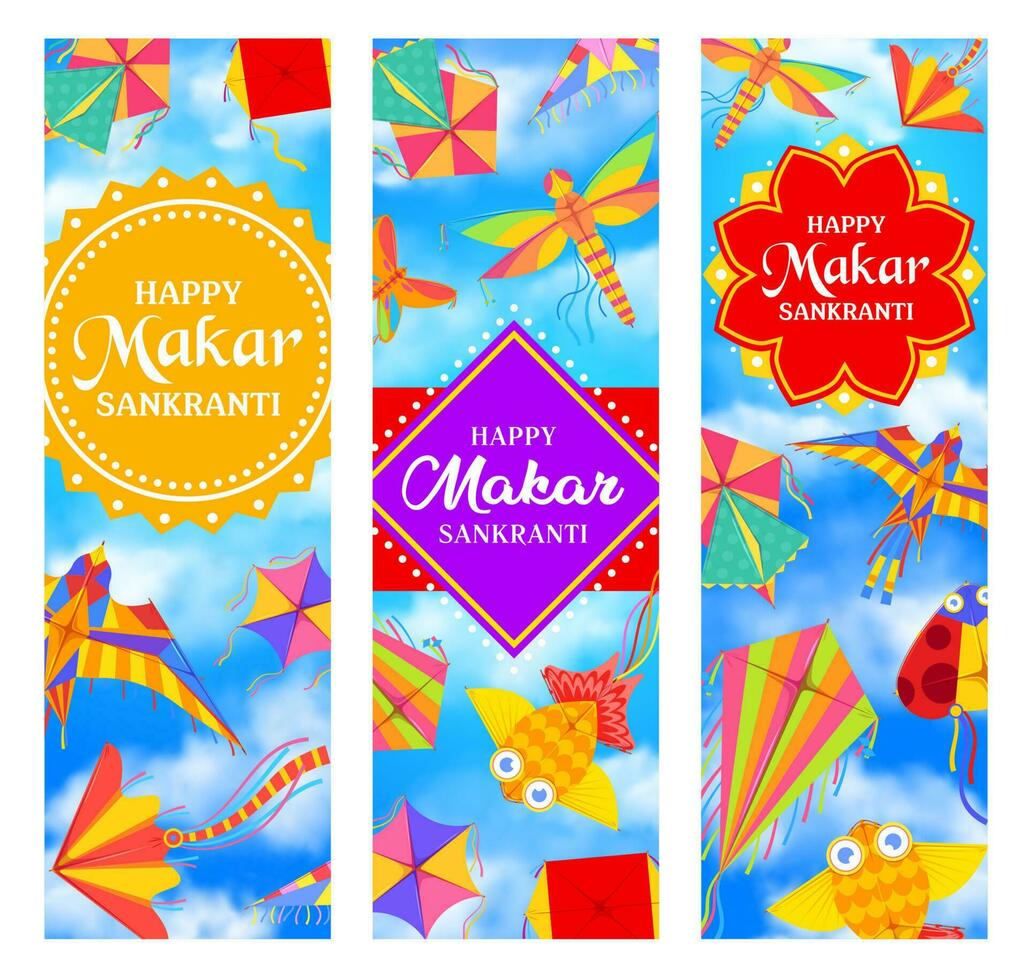 Indian Makar Sankranti holiday banners, kites, sky vector