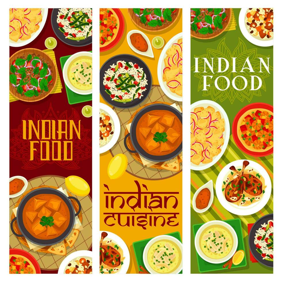 indio cocina, India platos vector pancartas conjunto