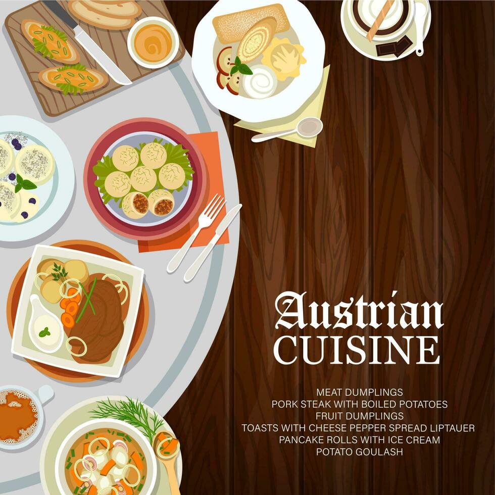 austriaco cocina menú cubrir, carne comida y bebida vector