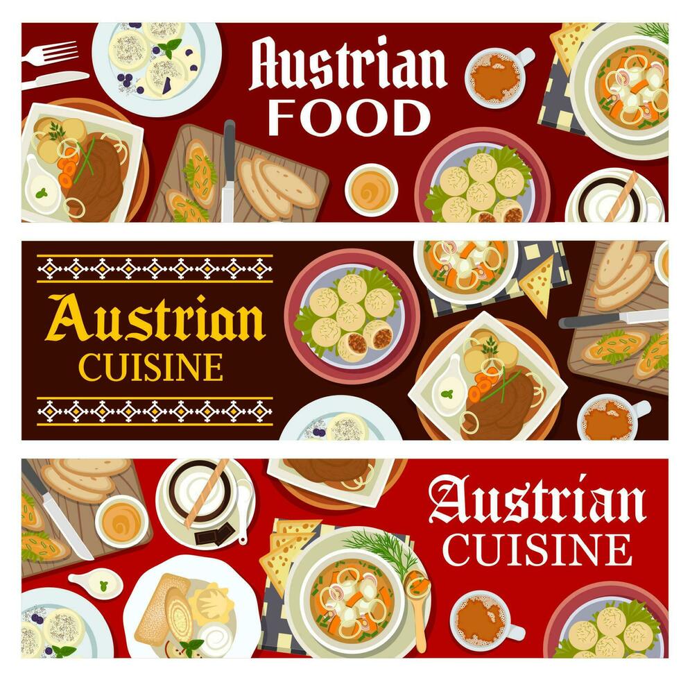Austrian cuisine banners with meat food, desserts vector