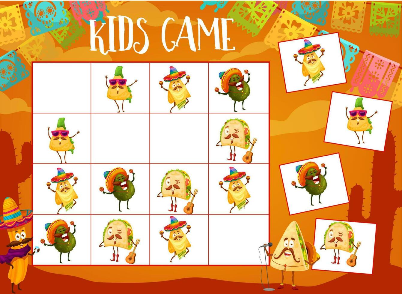 Sudoku game Mexican tacos, churros and avocado vector