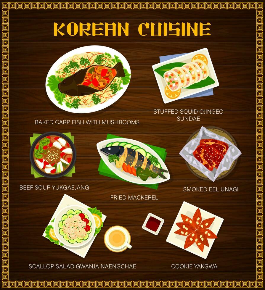 Korean food menu, cuisine lunch and dinner dishes vector
