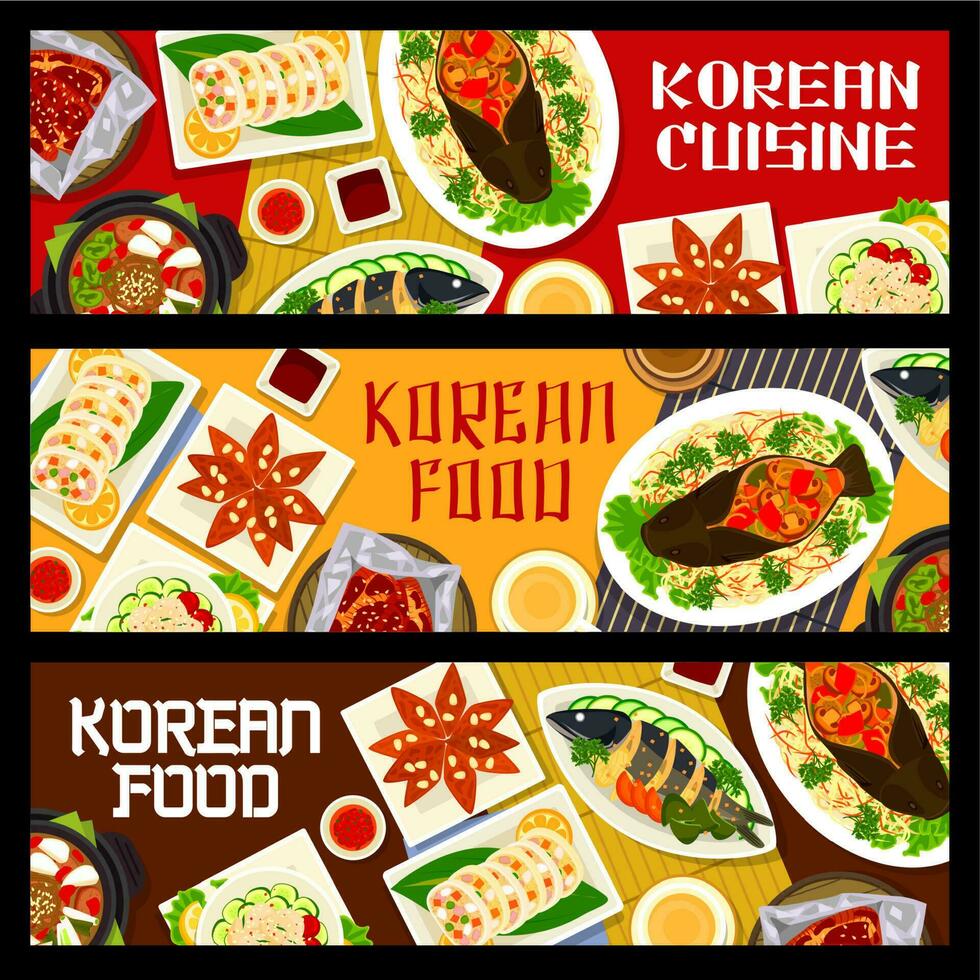 Korean cuisine restaurant lunch food menu banners vector