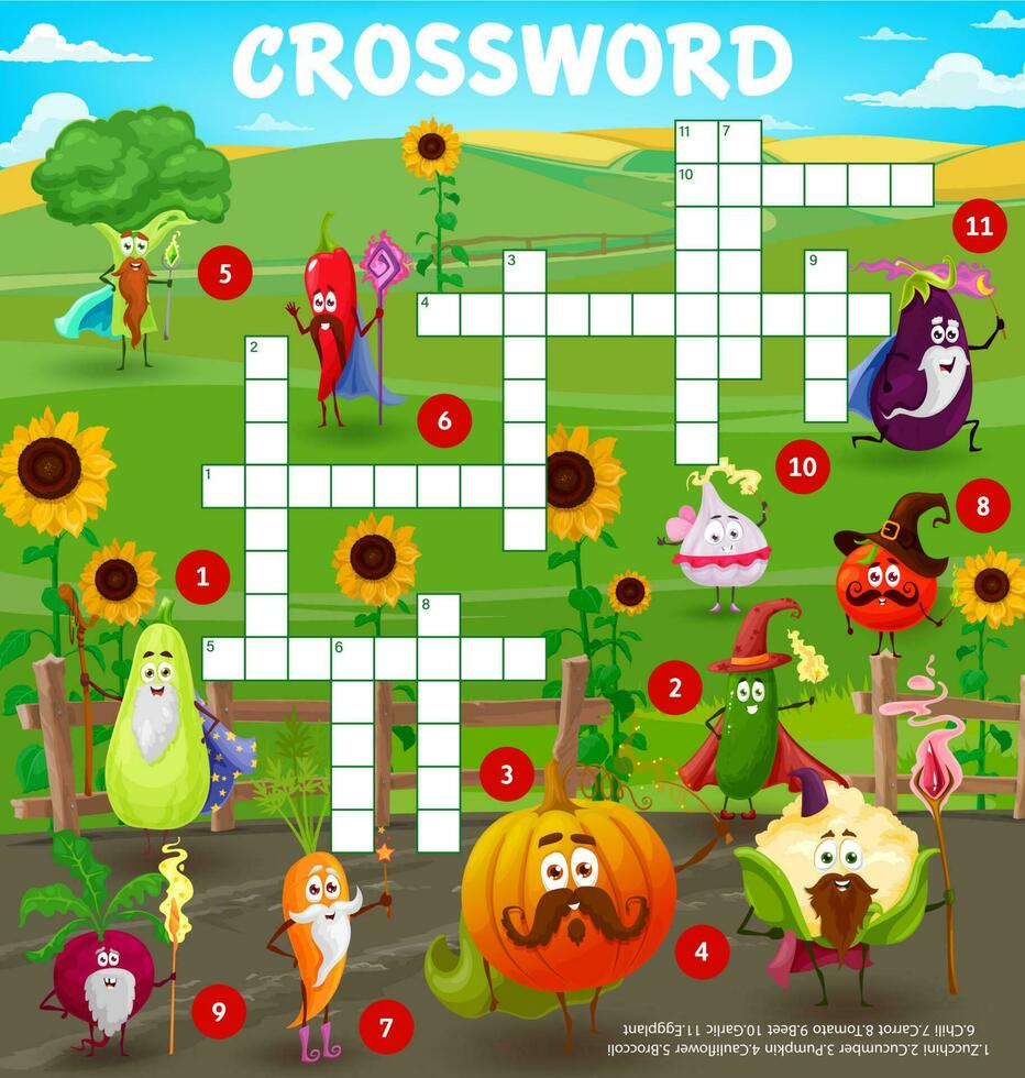 Cartoon vegetable wizards, crossword puzzle game vector