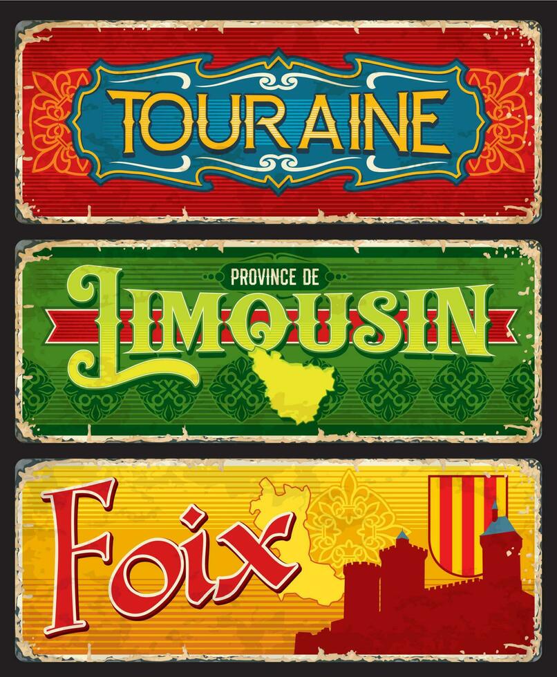 Touraine, Limousin and Foix, France regions cards vector