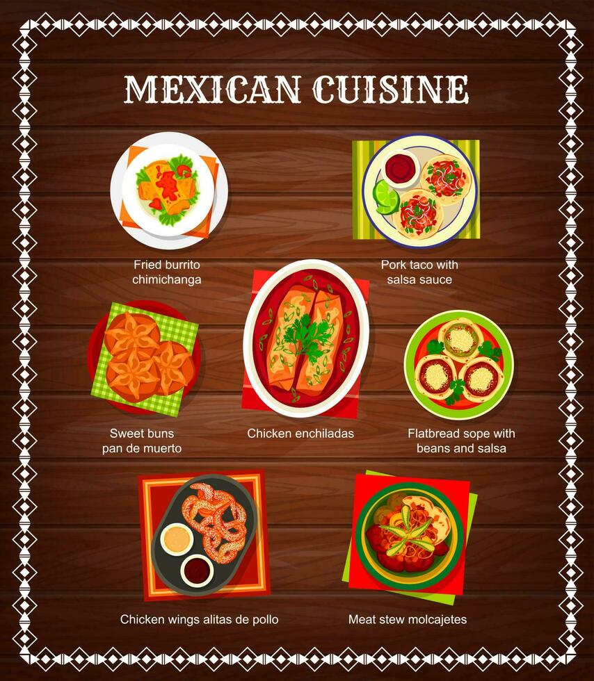 mexicano comida menú, mexico cocina platos y salsa vector