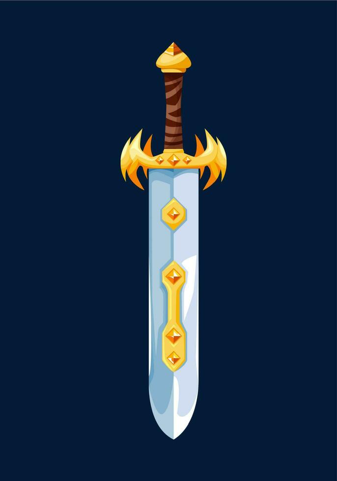 Sword blade with golden hilt, cartoon dagger icon vector