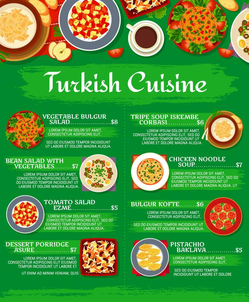 Turkish cuisine menu, restaurant lunch food dishes vector