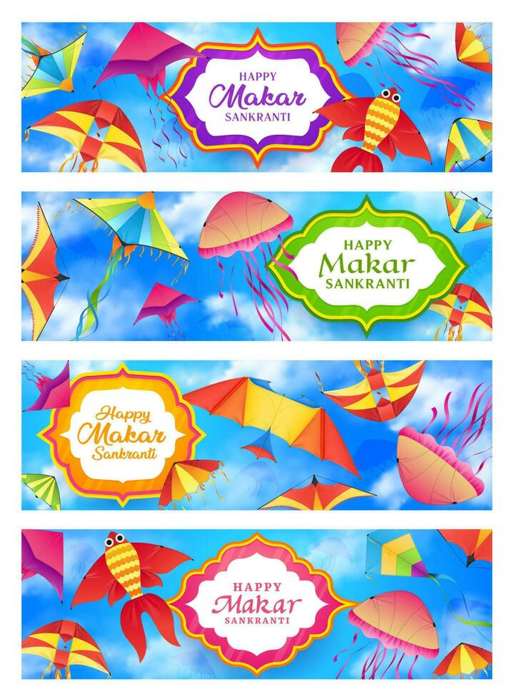 makar sankranti fiesta vector pancartas con cometas