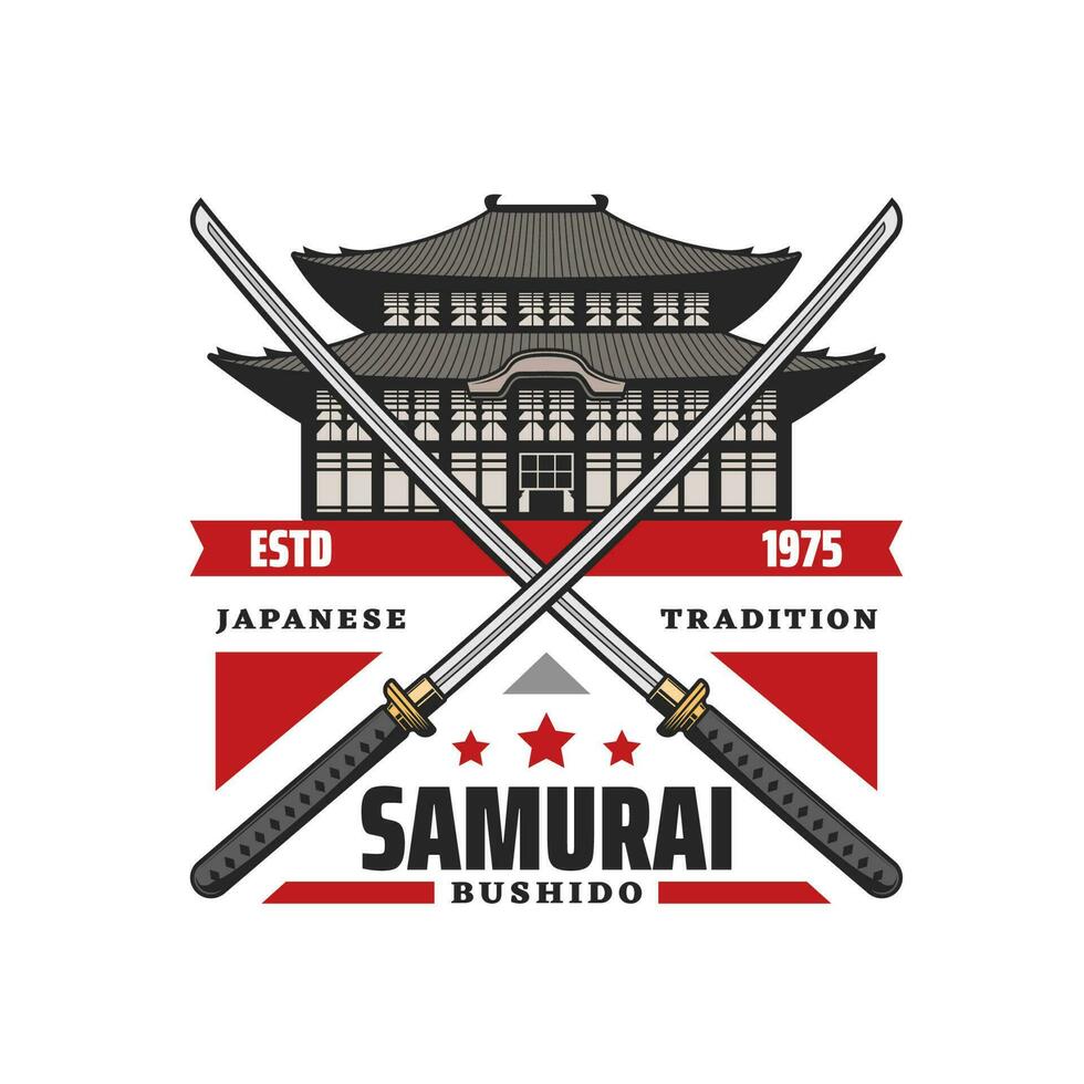 Samurai bushido icon, Japanese katanas, pagoda vector