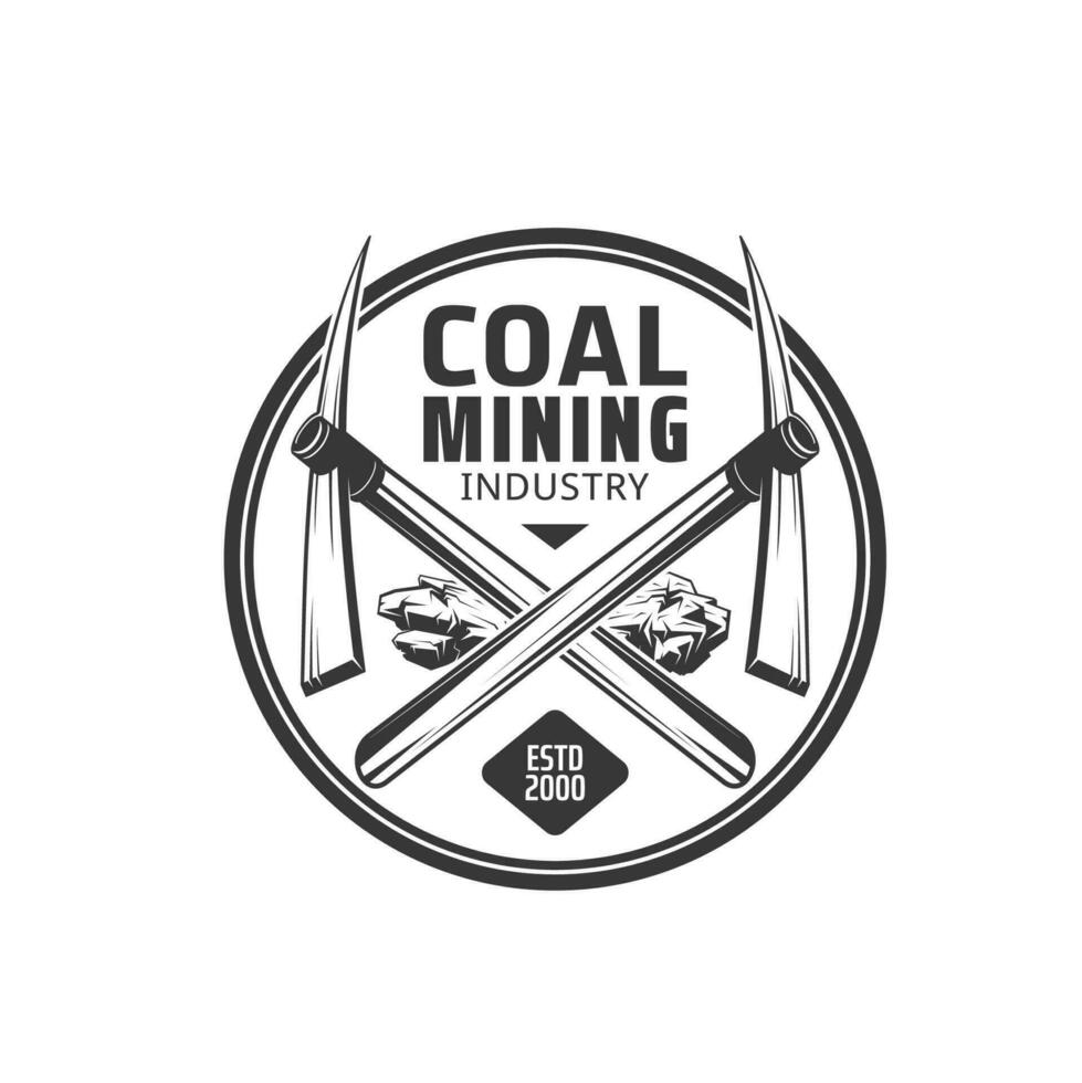 Coal mining icon with crossed picks, minerals vector