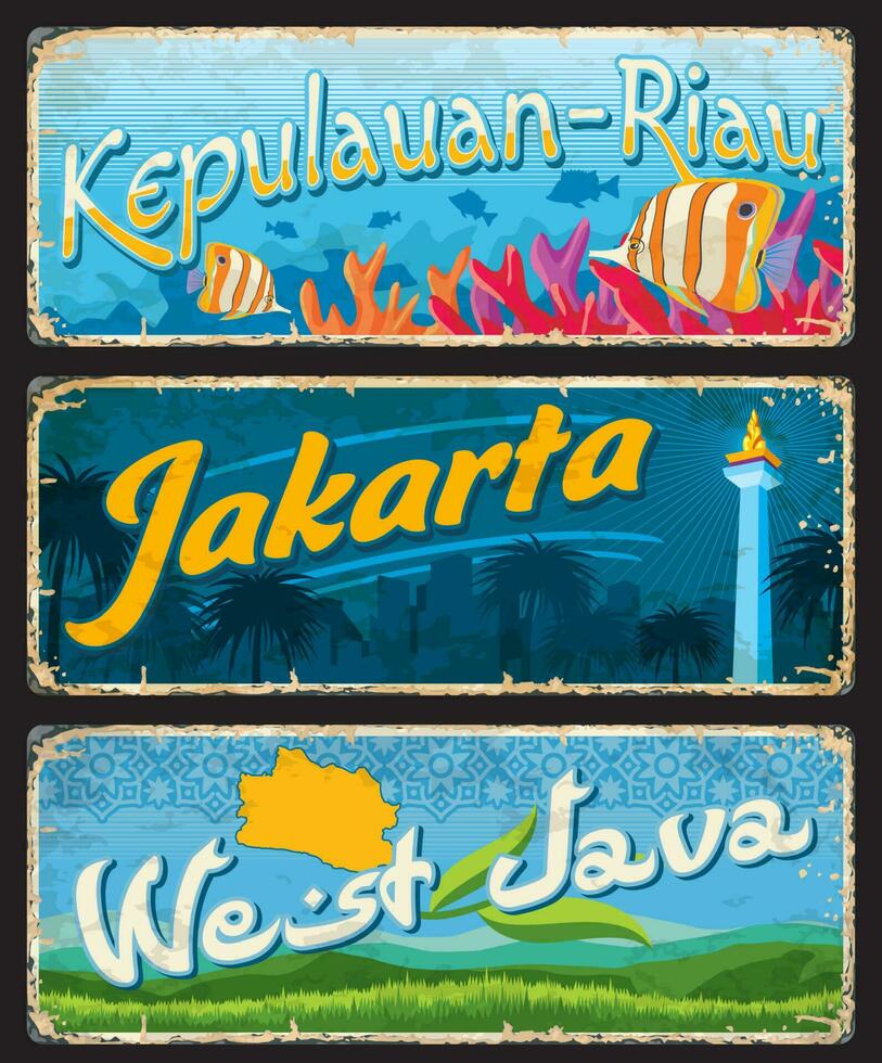 West Java, Jakarta and Kepulauan-Riau tin signs vector