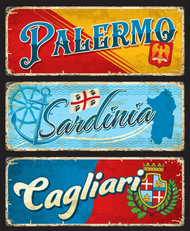 Palermo, Cagliari cities, Sardinia island plates vector