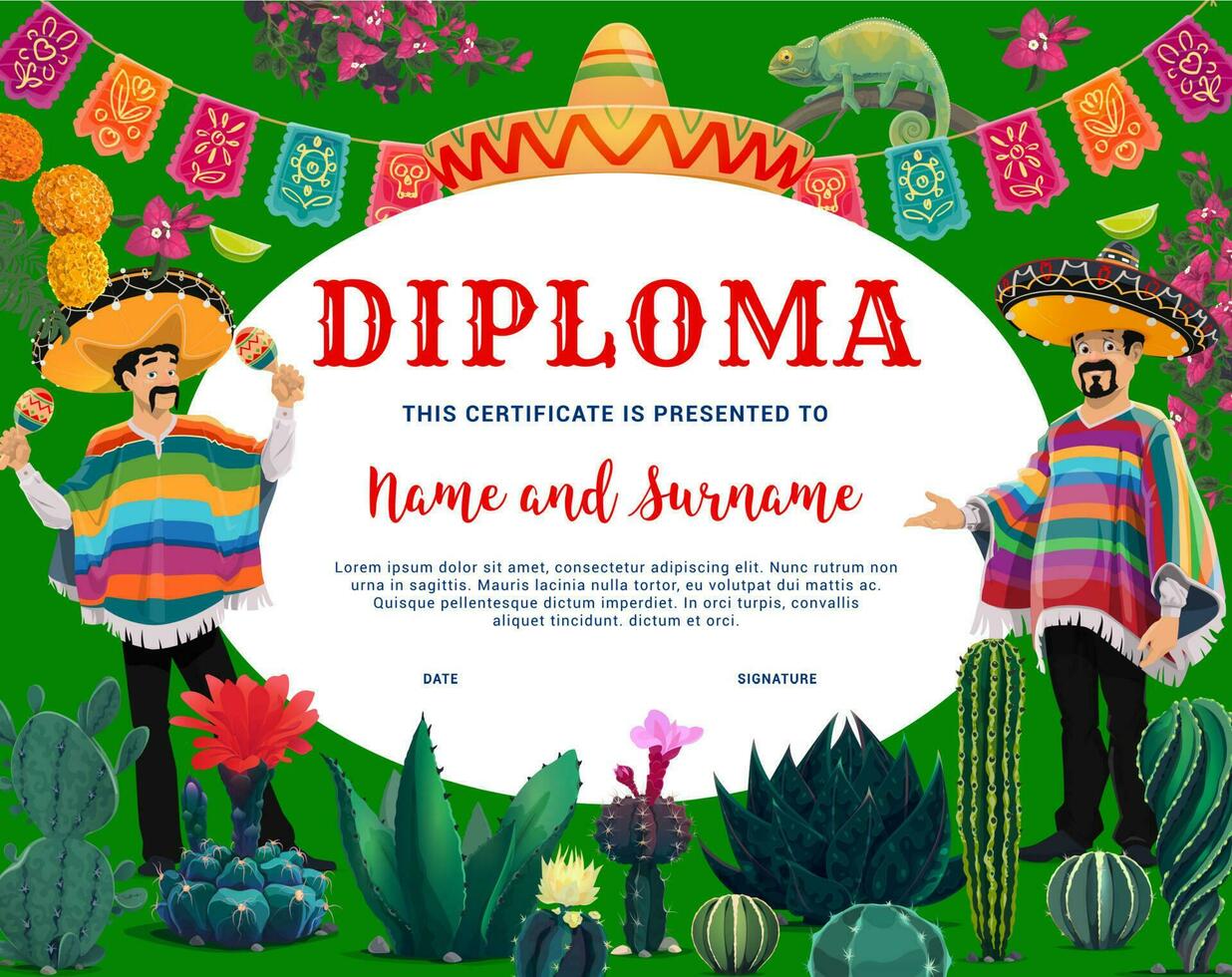 Kids diploma, cartoon mexicans, cactuses, flags vector