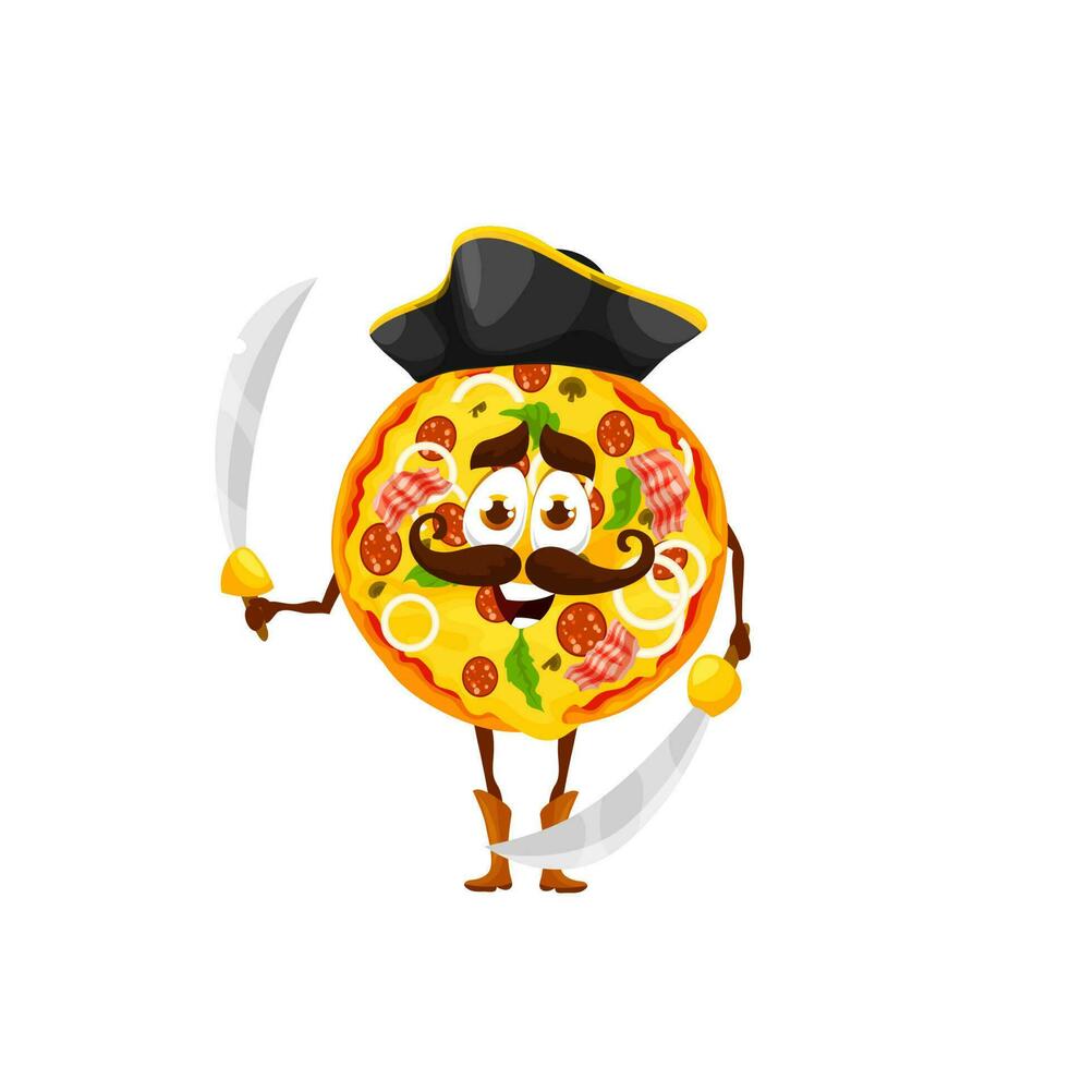 dibujos animados Pizza pirata personaje con sables, comida vector
